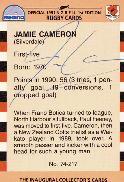 Jamie Cameron North Harbour 1991 Hand Signed Rugby Card Photo