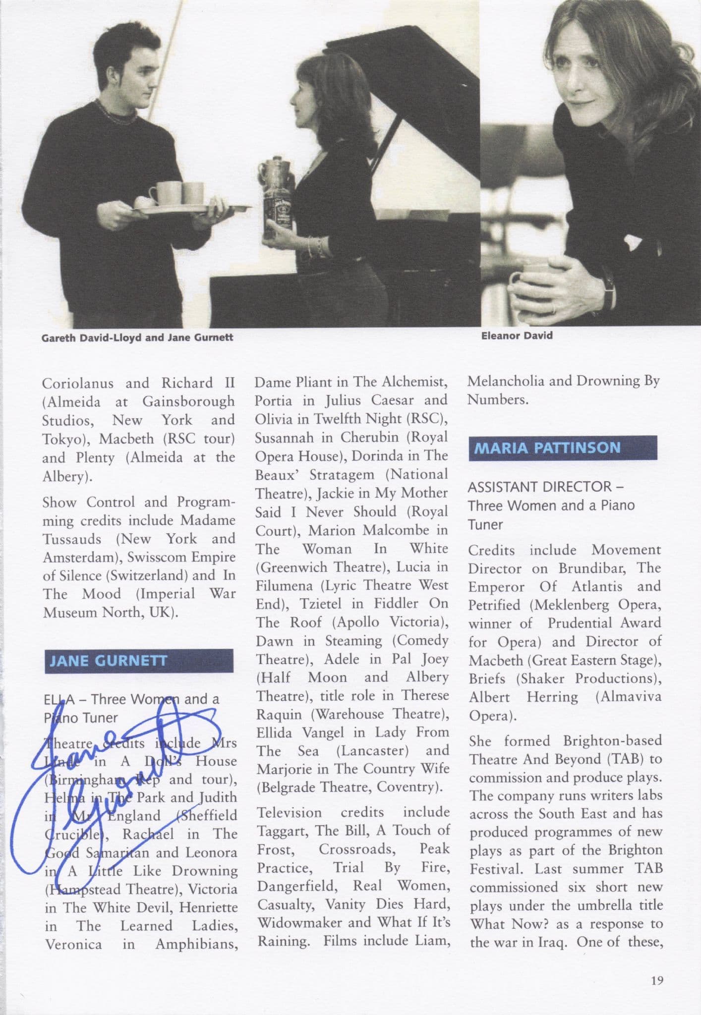 Jane Gurnett Three Women & A Piano Tuner Hand Signed Theatre Page Autograph