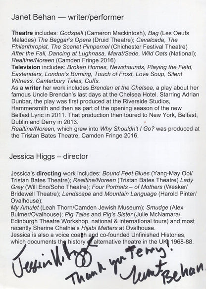 Janet Behan Irish Playwright Hand Signed Theatre Flyer