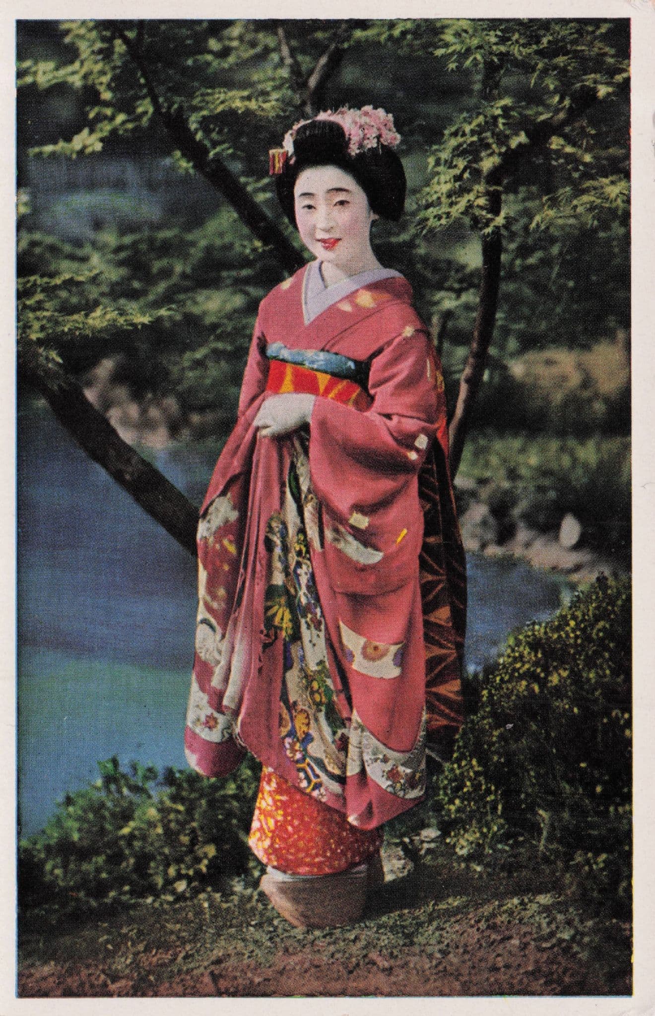 Japanese Geisha Girl By Woods River Vintage Photo Postcard