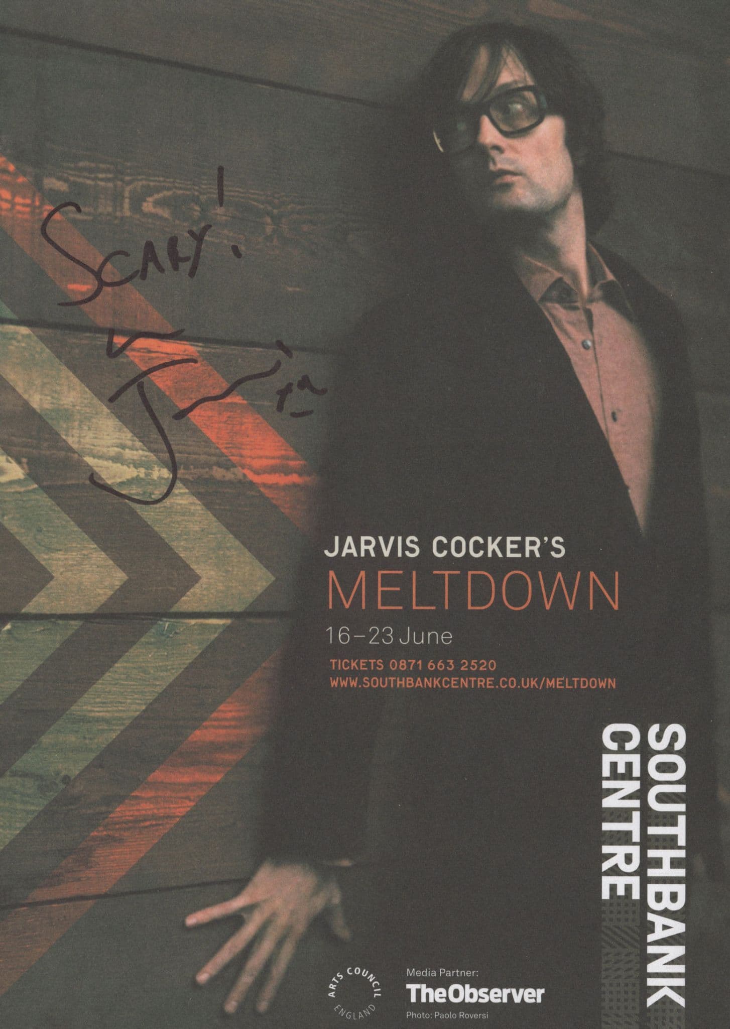 Jarvis Cocker Live Meltdown "Scary" Hand Signed Theatre Flyer