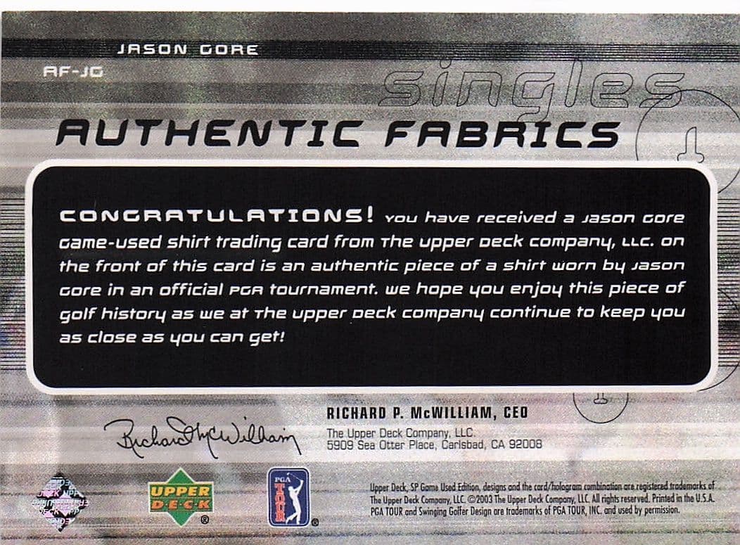 Jason Gore Authentic Fabrics Singles 2003 Golf Upper Deck Worn Shirt Card