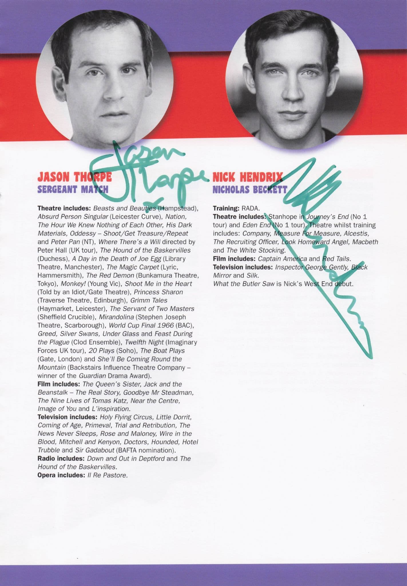 Jason Thorpe Nick Hendrix What The Butler Saw Hand Signed Theatre Page