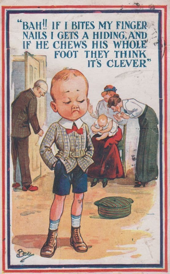 Jealous Brother with Baby Biting Feet Nails Antique Comic Postcard