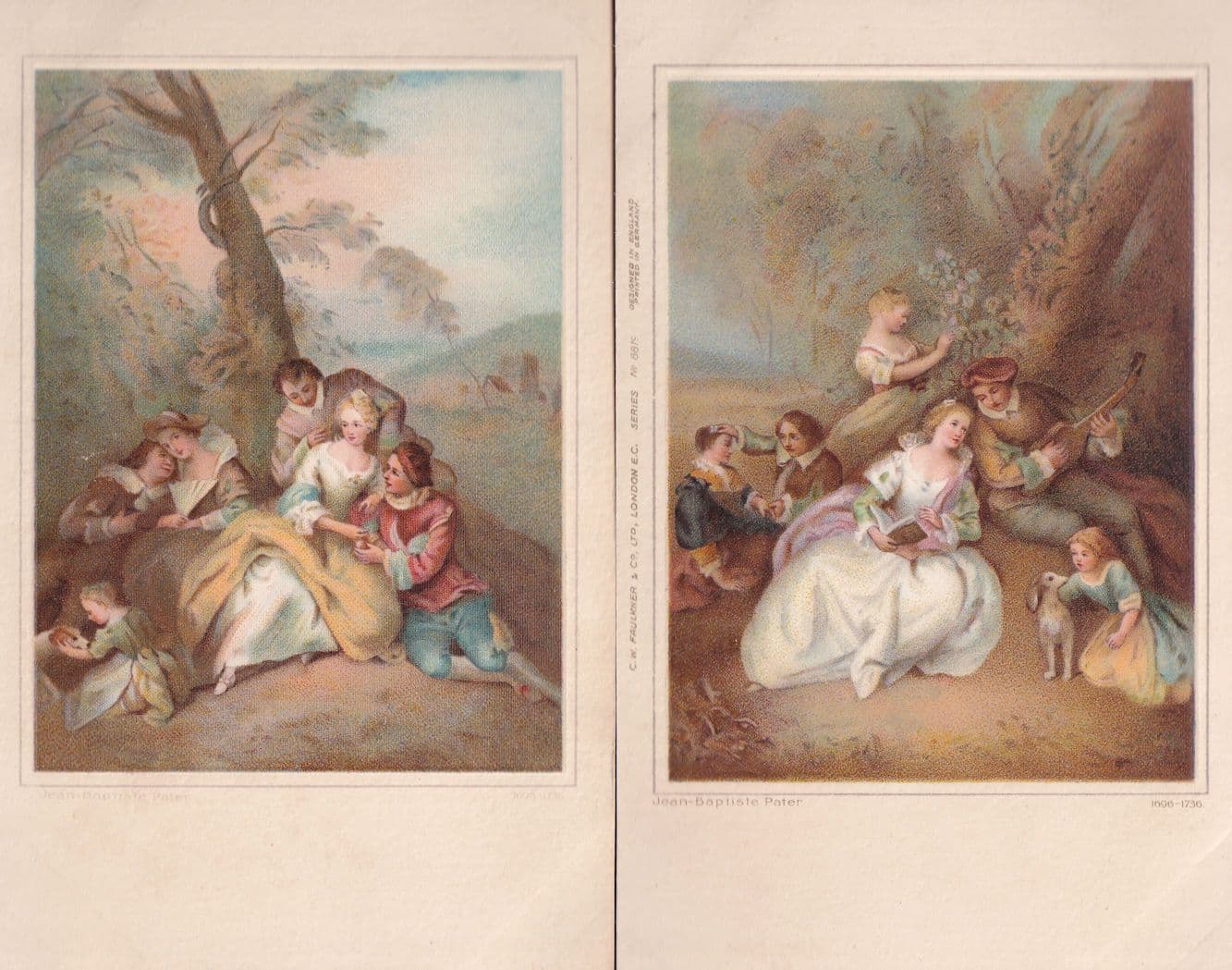 Jean Baptiste Pater 2x Watercolour Painting Antique Postcard s