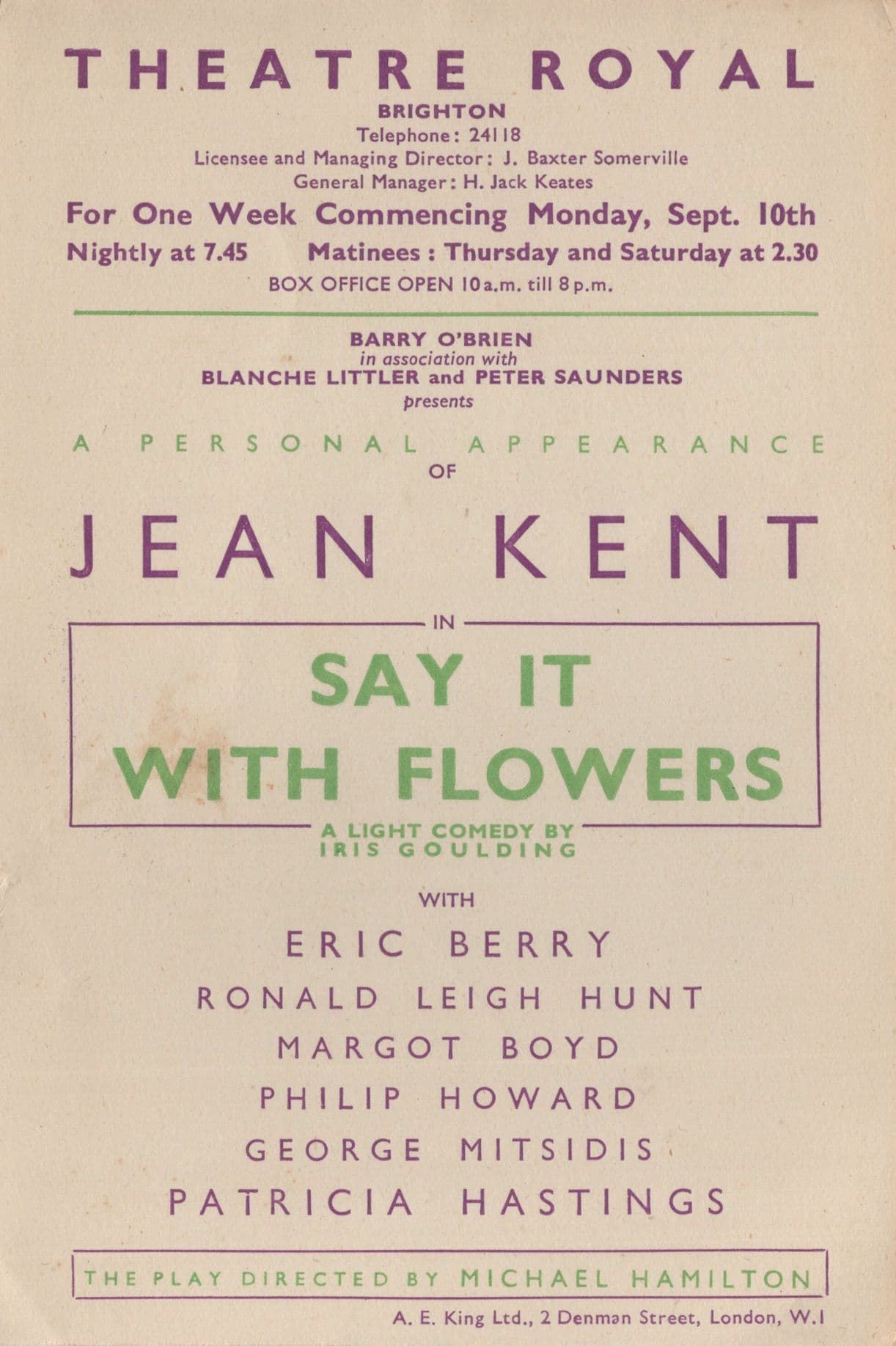 Jean Kent Say It With Flowers Old Brighton Theatre Flyer