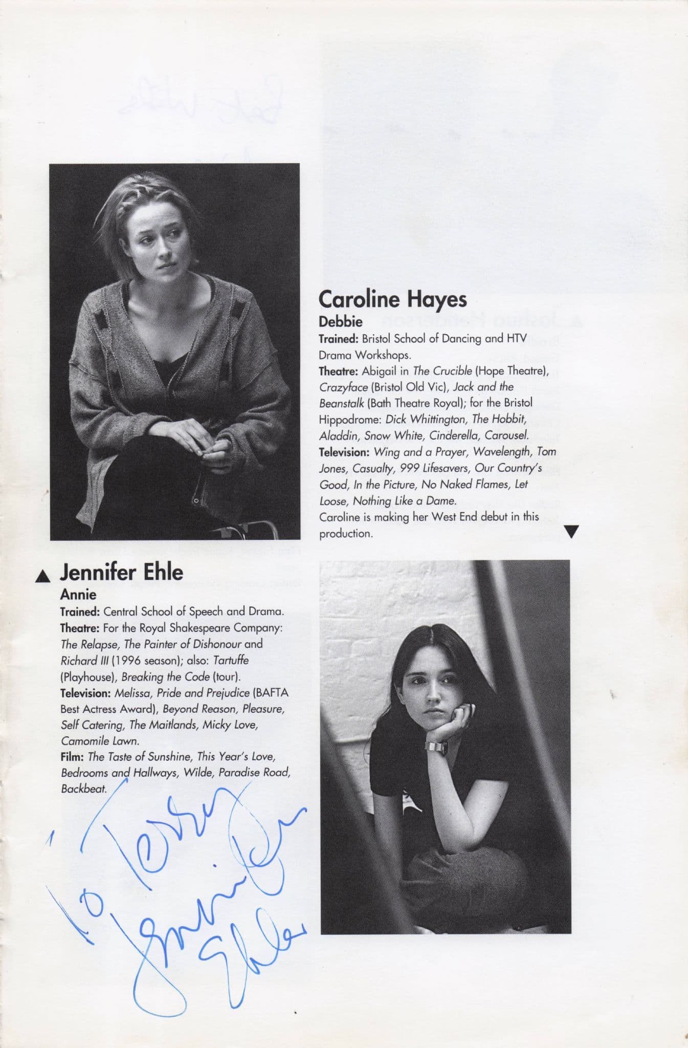 Jennifer Ehle Nigel Lindsay Hand Signed Photo Theatre Page
