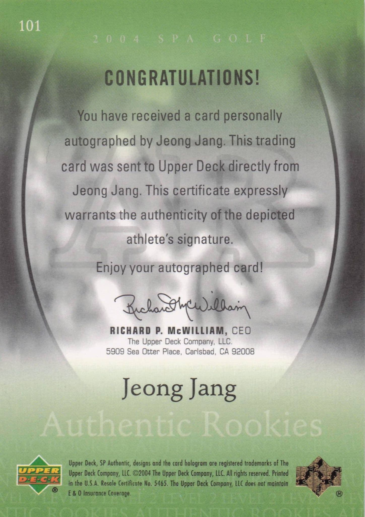 Jeong Jang Authentic Rookies 2004 Golf SP Hand Signed Autograph Card