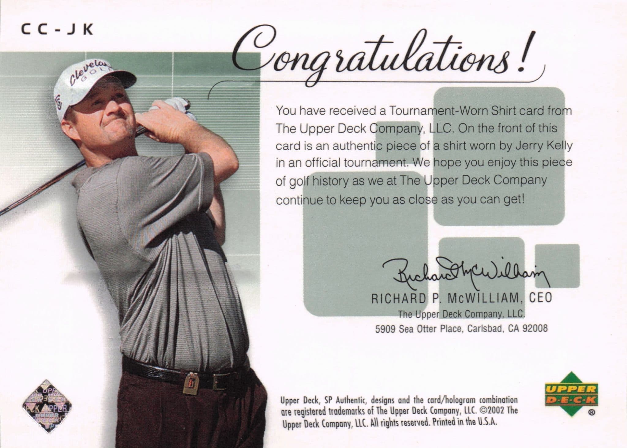Jerry Kelly Course Classics Upper Deck 2002 Real Relic Golf Shirt Card