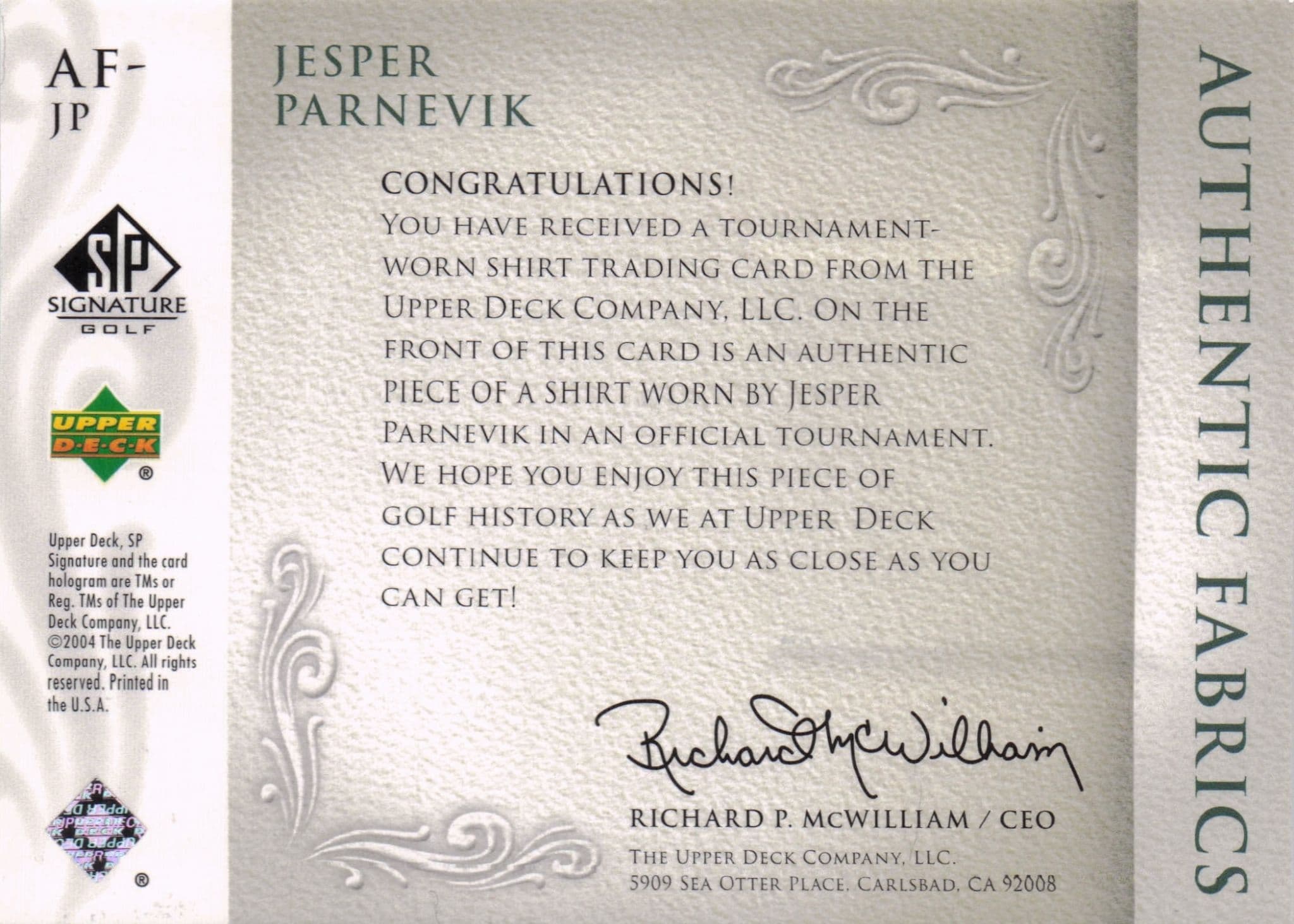 Jesper Parnevik Authentic Fabrics 2004 Golf Upper Deck Worn Shirt Card