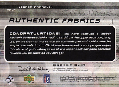 Jesper Parnevik Authentic Fabrics Singles 2003 Golf Upper Deck Worn Shirt Card