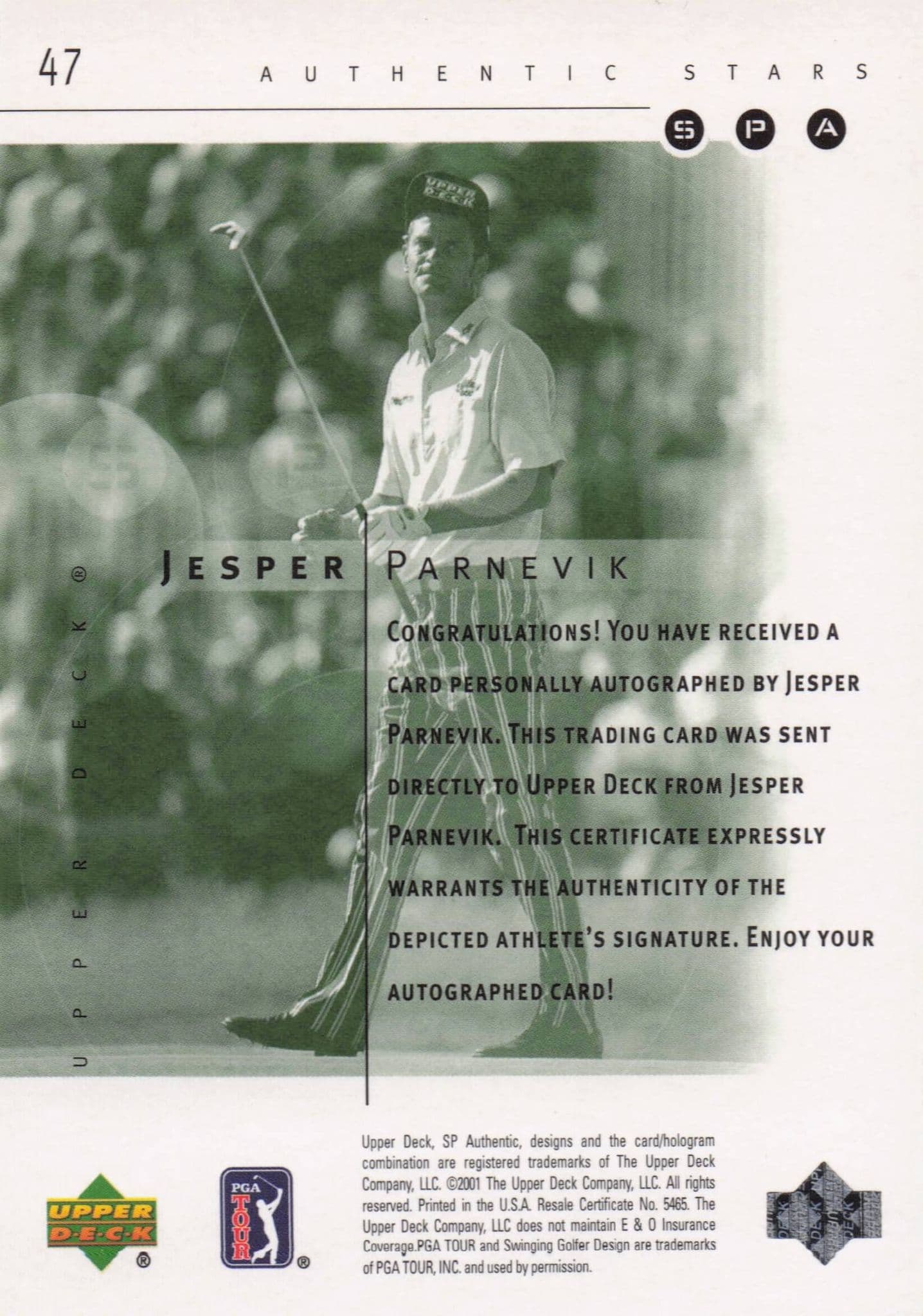 Jesper Parnevik Authentic Stars Hand Signed 2001 Upper Deck Card