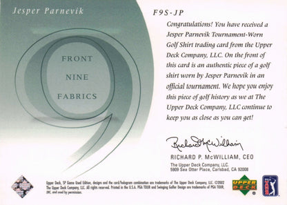 Jesper Parnevik Front 9 Fabric 2002 Upper Deck Authentic Shirt Card