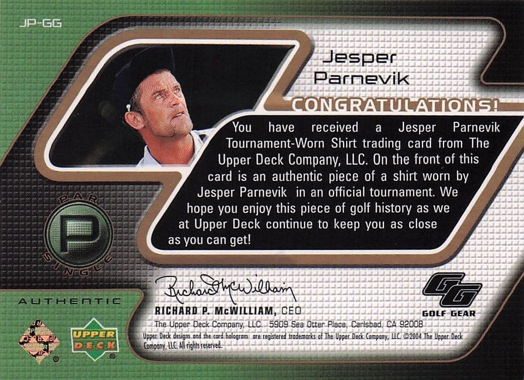 Jesper Parnevik Golf Gear Player Shirt Swatch Upper Deck Card