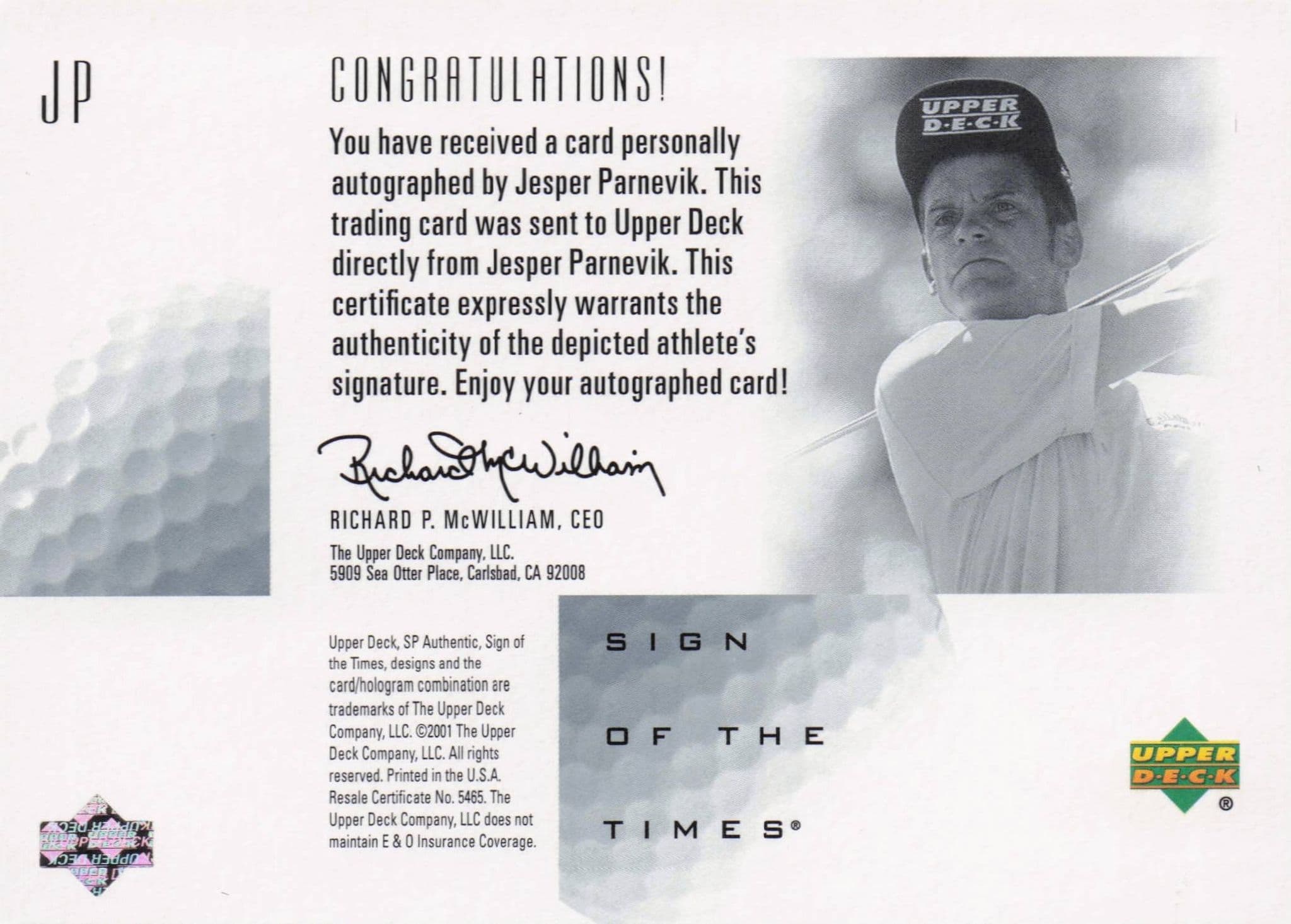Jesper Parnevik Sign Of The Times Hand Signed 2001 SP Golf Autograph Card