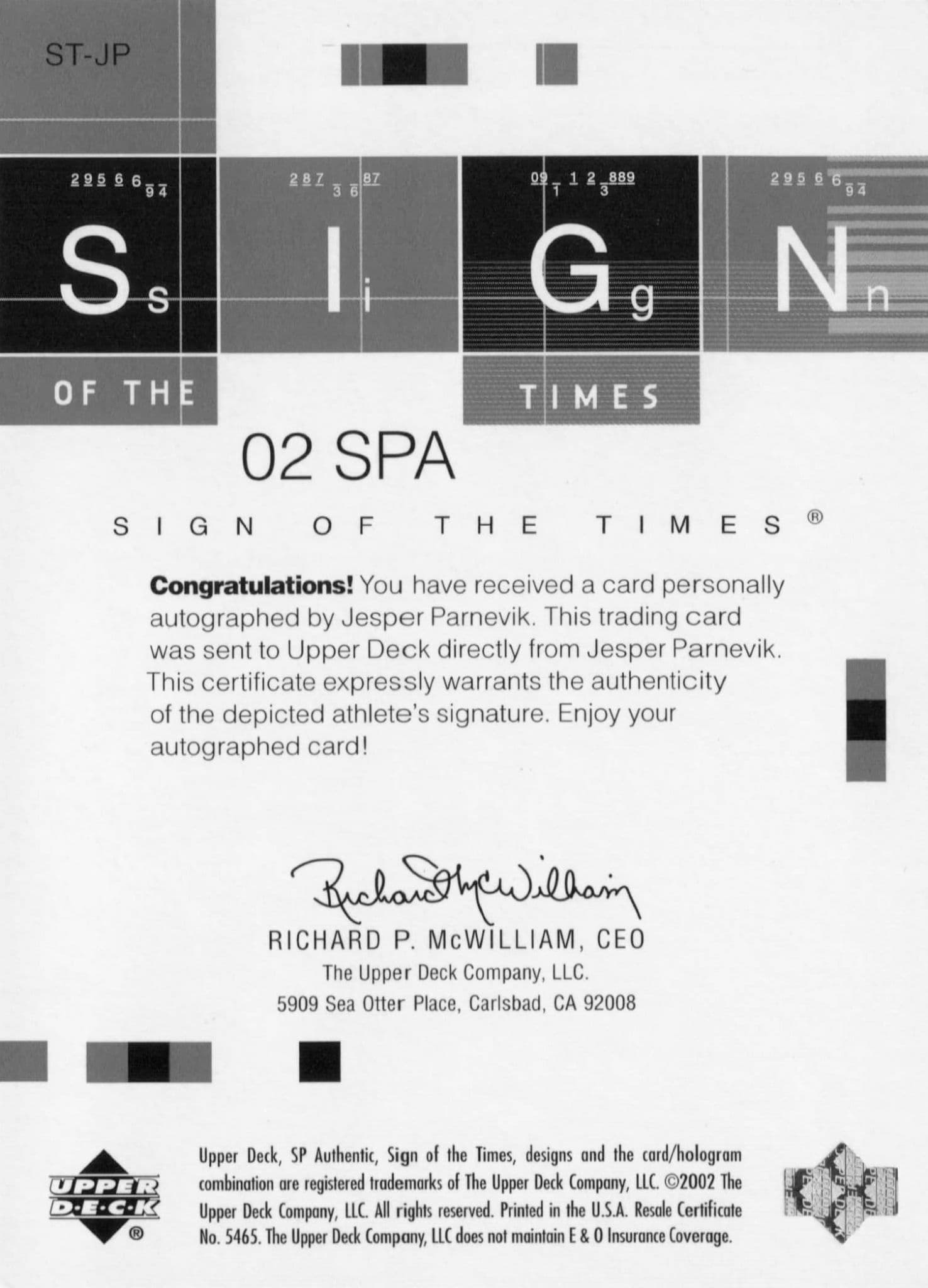 Jesper Parnevik Sign Of The Times Hand Signed 2002 SP Golf Autograph Card