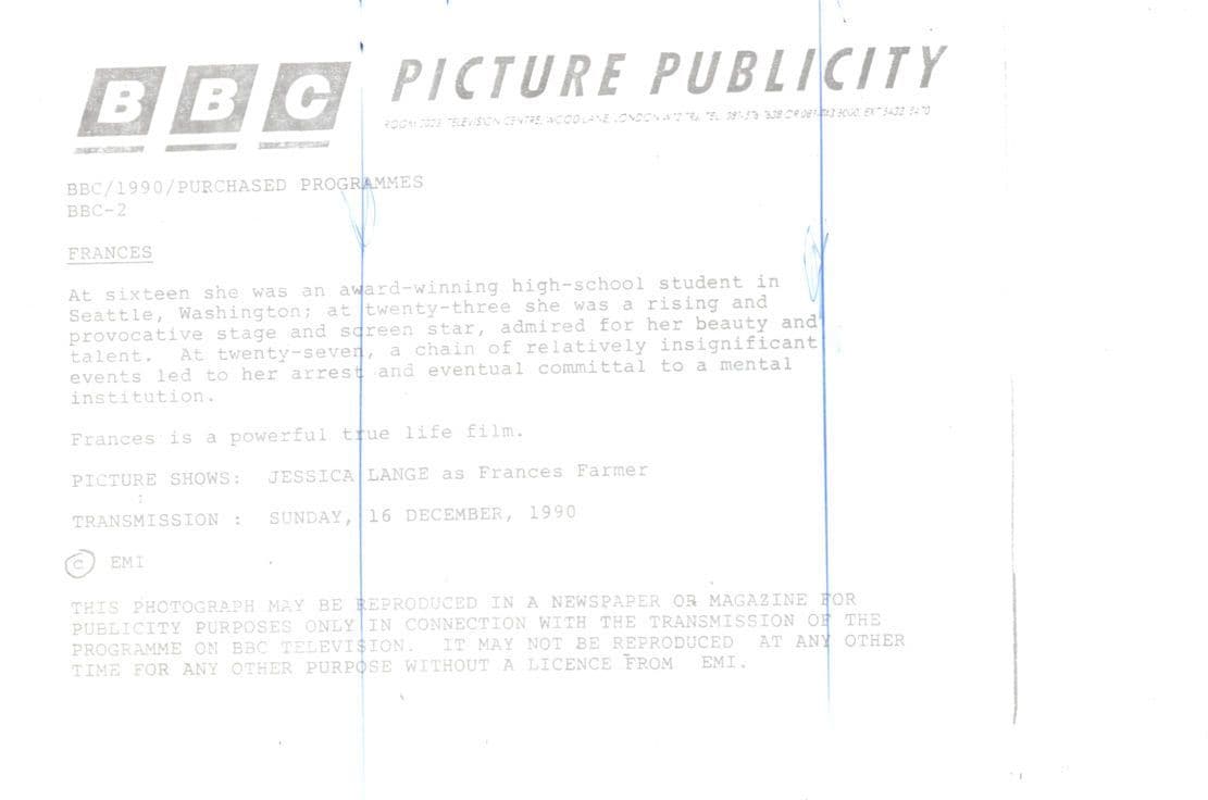 Jessica Lange as Frances Farmer BBC TV 1990 Press Photo