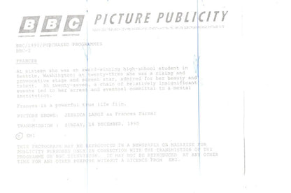 Jessica Lange as Frances Farmer BBC TV 1990 Press Photo