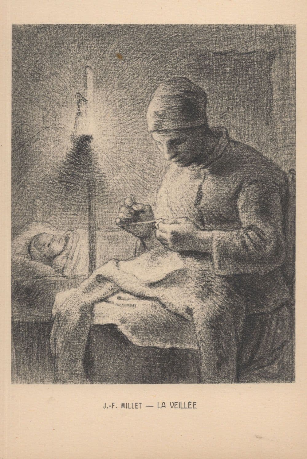 JF Millet Le Veilee French Needlework Sewing Old Painting Postcard