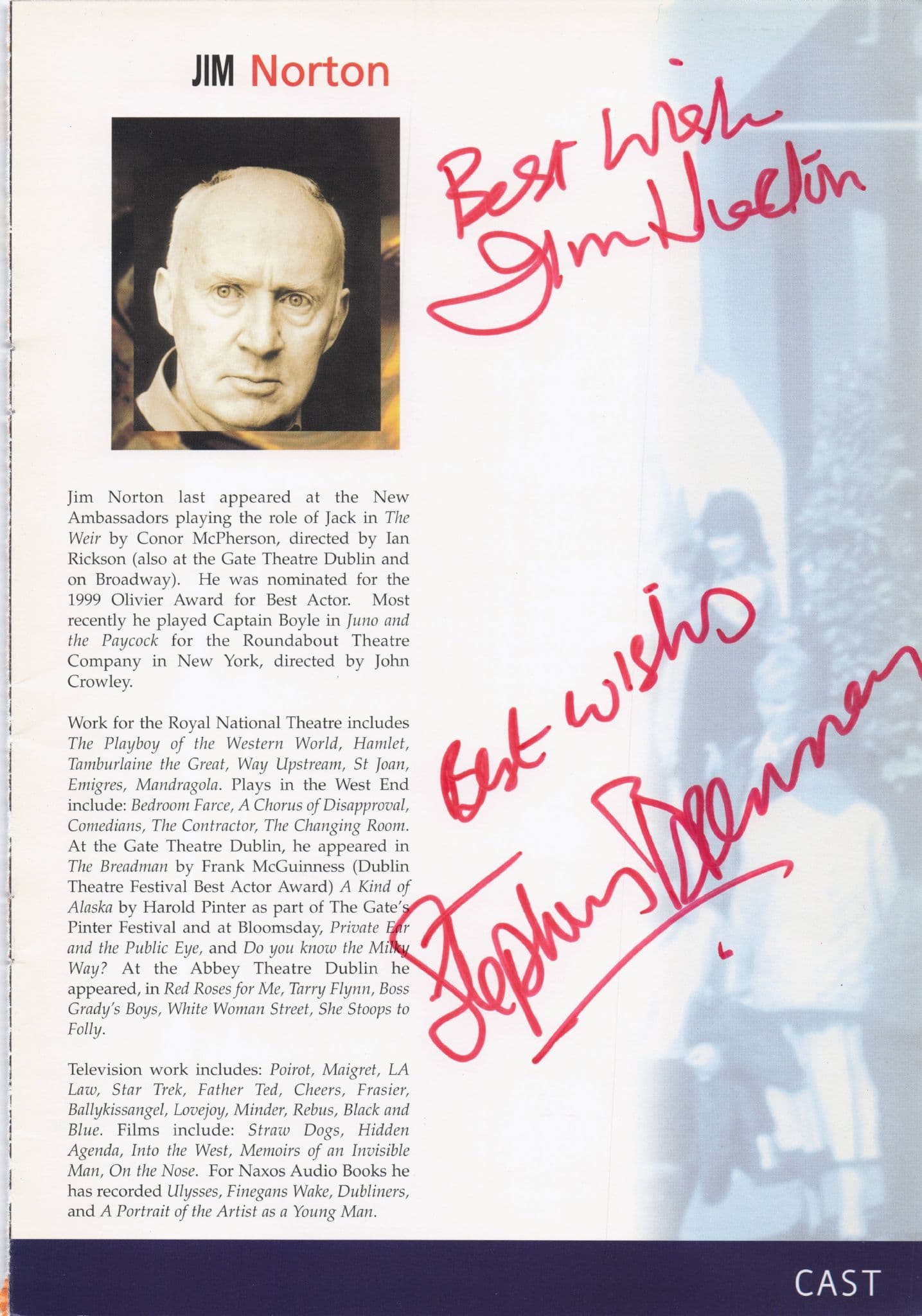 Jim Norton Father Ted Hand Signed Photo Theatre Page