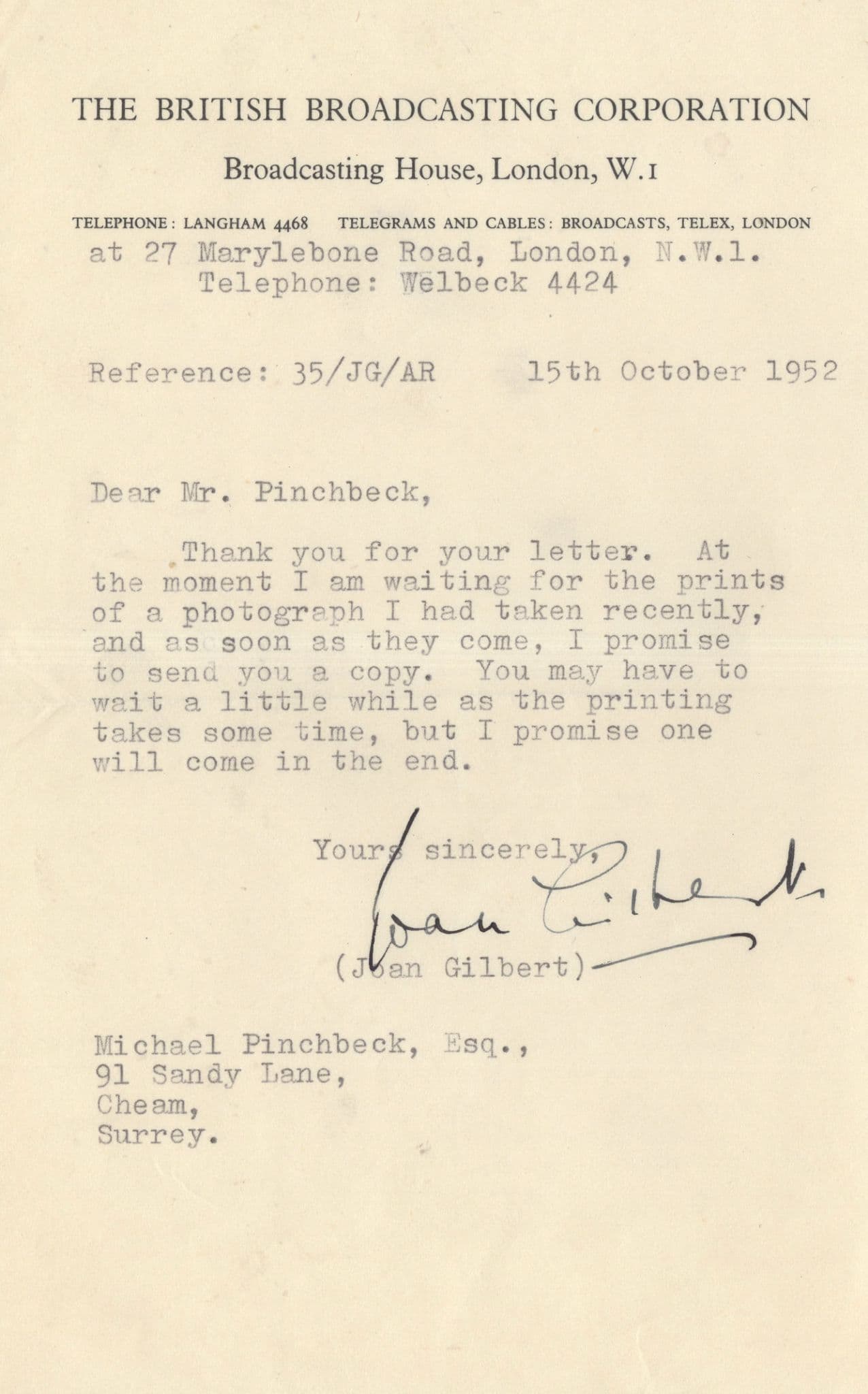 Joan Gilbert 1950s Picture Page Mr Benn Hand Signed BBC Letter