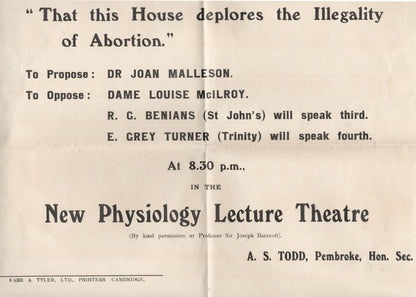 Joan Malleson Historic Abortion Campaigner Lecture Old Cambridge Poster