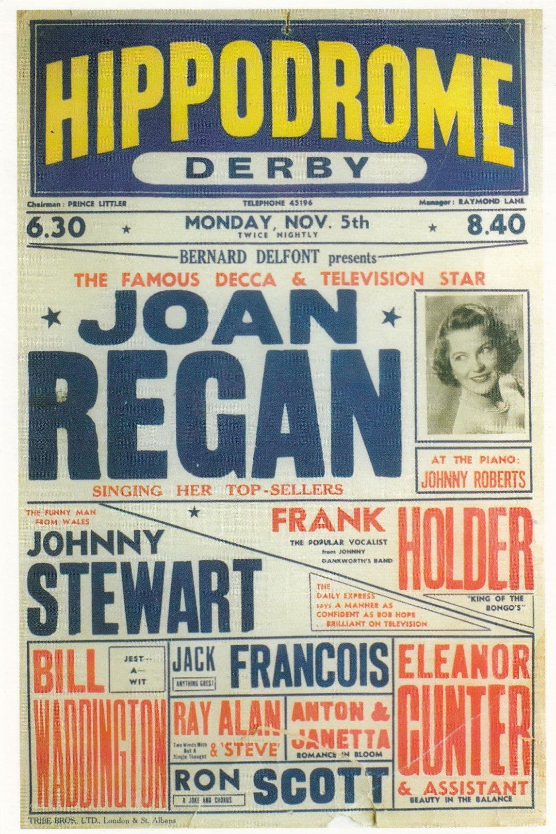 Joan Regan Decca Star Live At Derby Hippodrome 1956 Theatre Poster Postcard