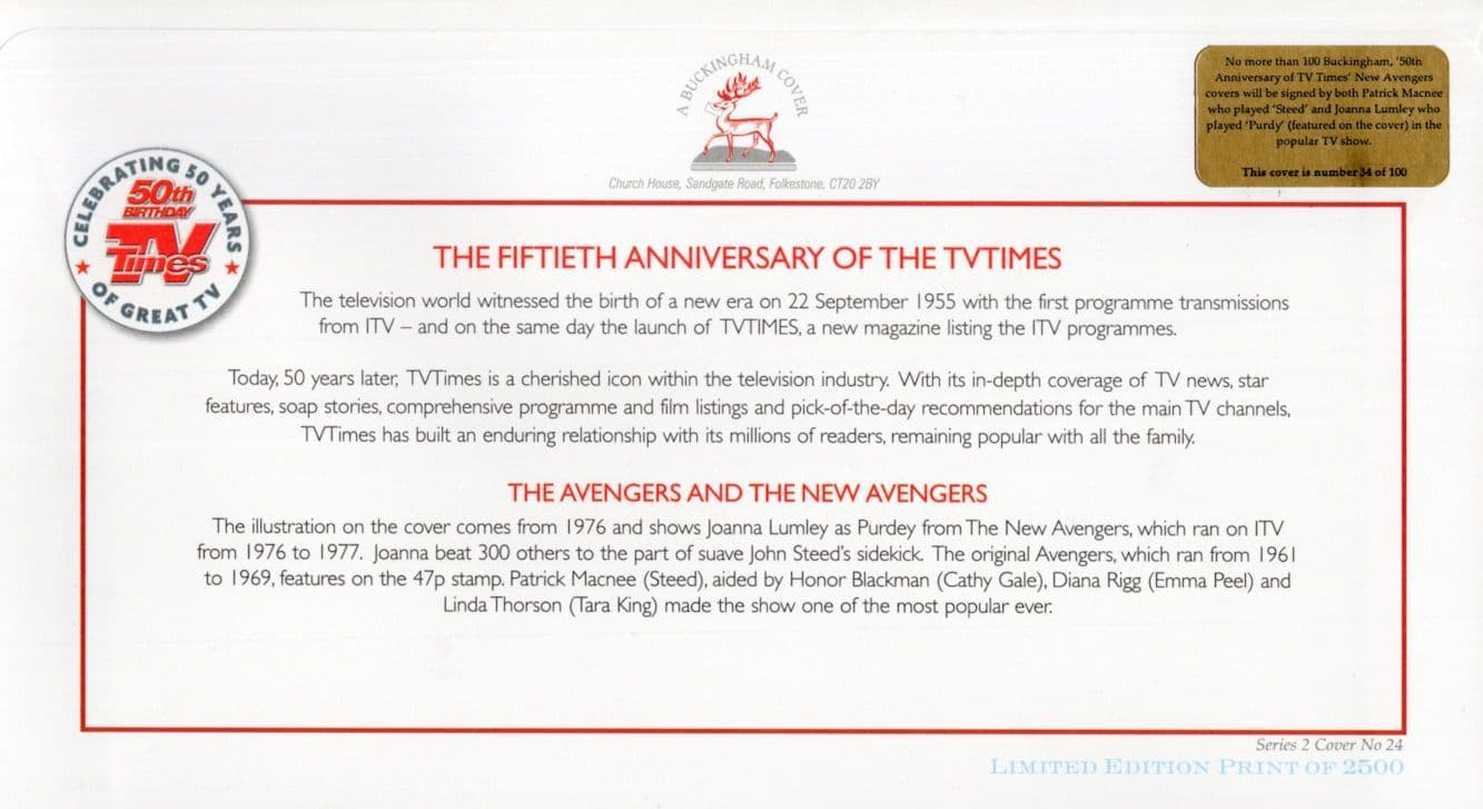 Joanna Lumley & Patrick Macnee New Avengers LTD TO 100 Hand Signed FDC