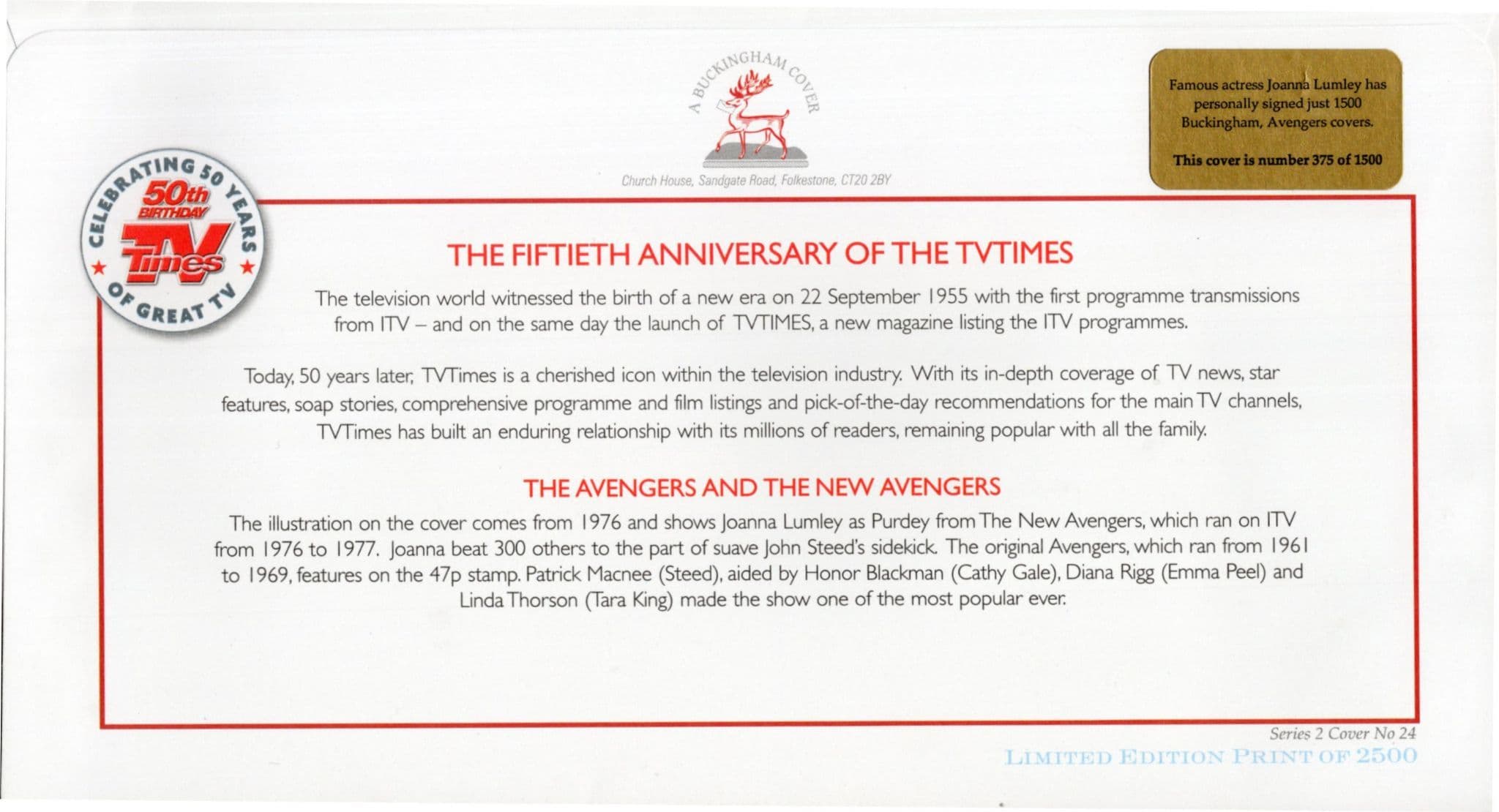 Joanna Lumley The New Avengers Cult TV RARE Hand Signed FDC