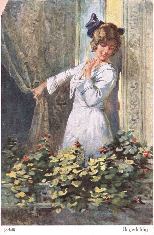 Jodolfi Charming Girl in Window Painting Postcard