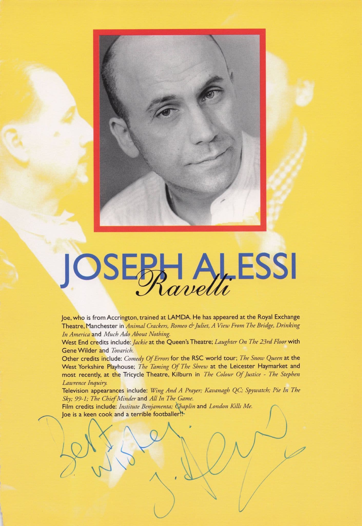 Joe Alessi Kel Hinchley in Coronation Street Hand Signed Theatre Page