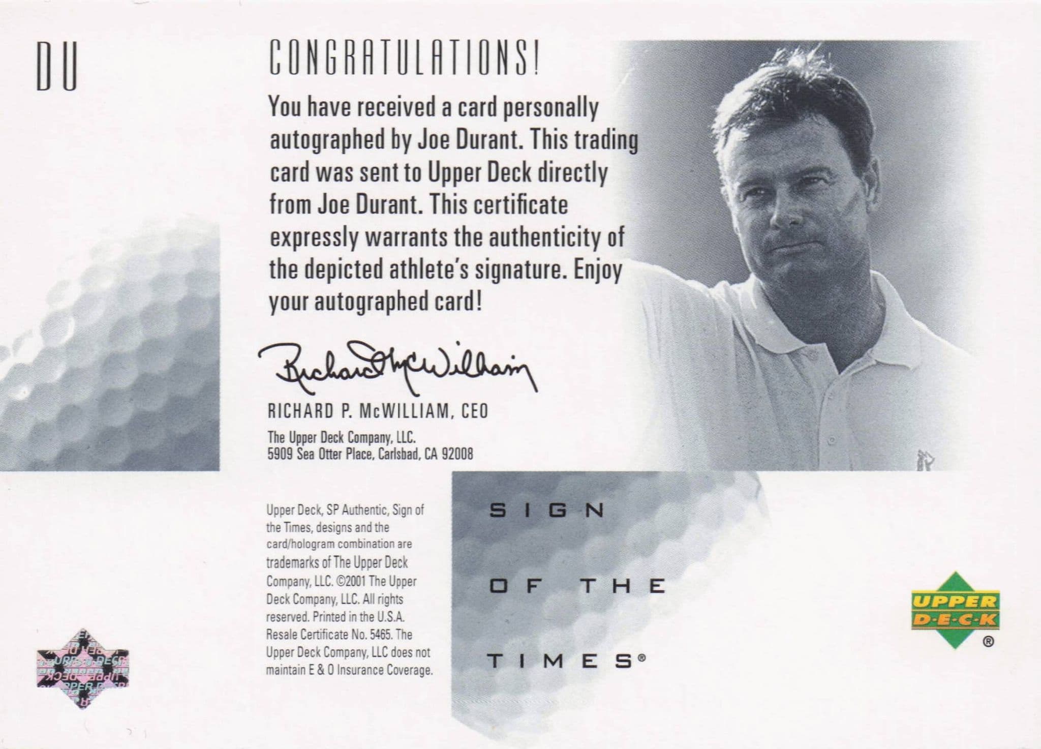 Joe Durant Sign Of The Times Hand Signed 2001 SP Golf Autograph Card