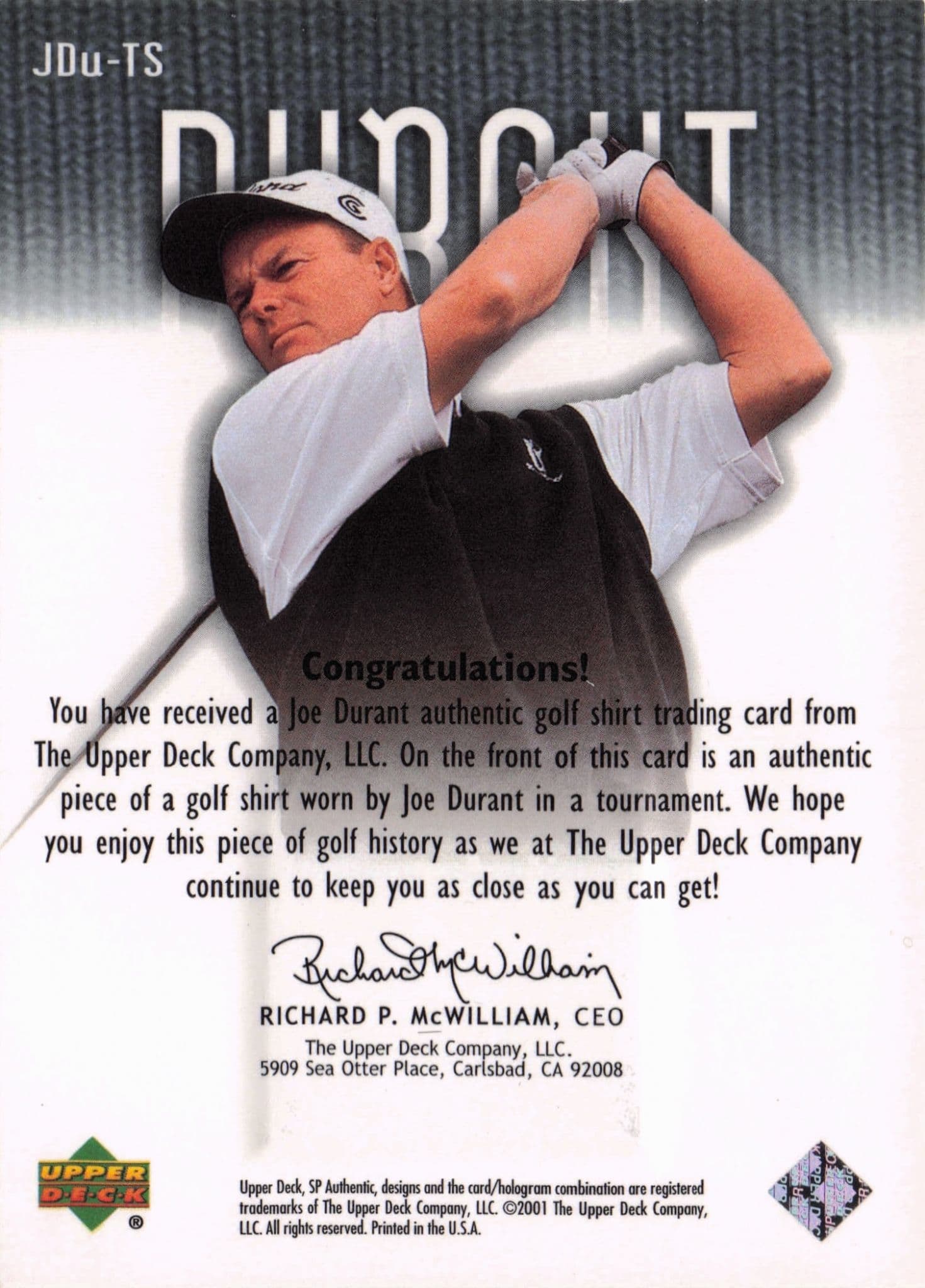 Joe Durant Tour Swatch Real Shirt Upper Deck 2001 Card