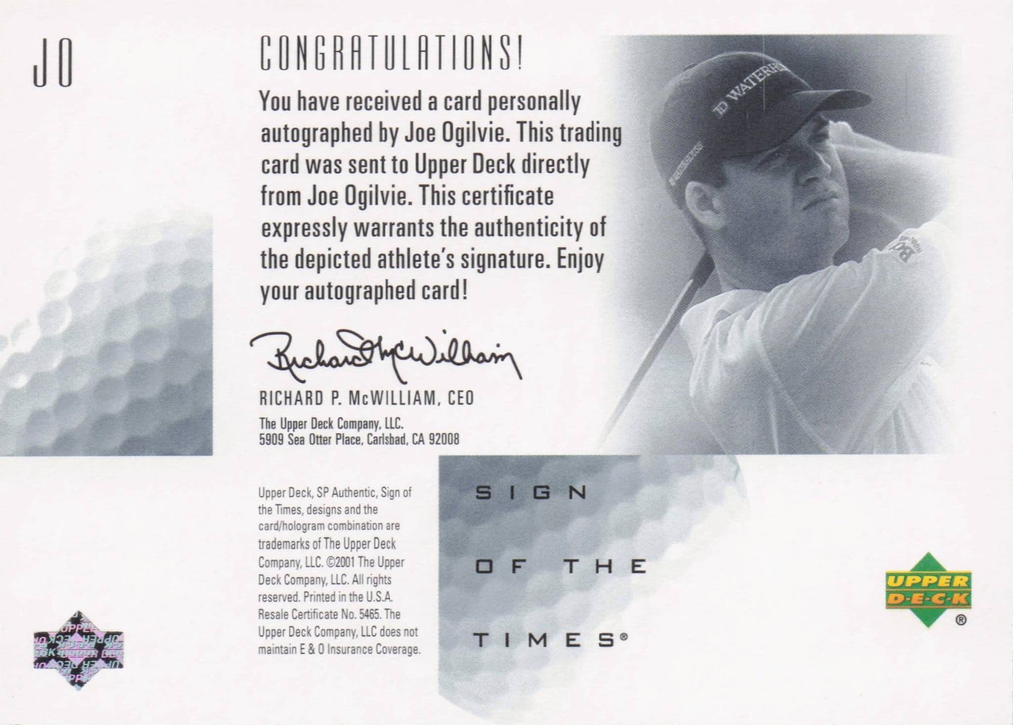 Joe Ogilvy Sign Of The Times Hand Signed 2001 SP Golf Autograph Card