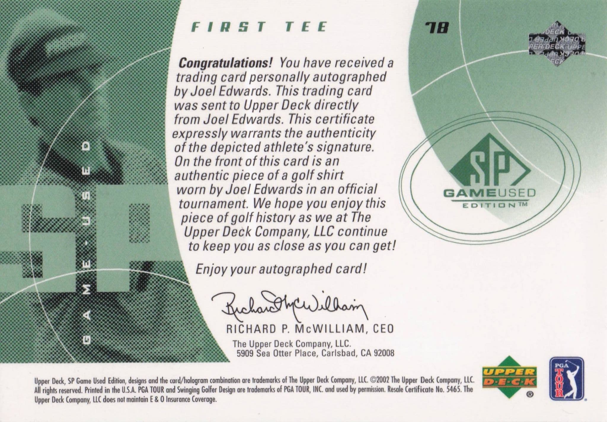 Joel Edwards First Tee 2002 Golf Upper Deck Hand Signed Worn Shirt Card