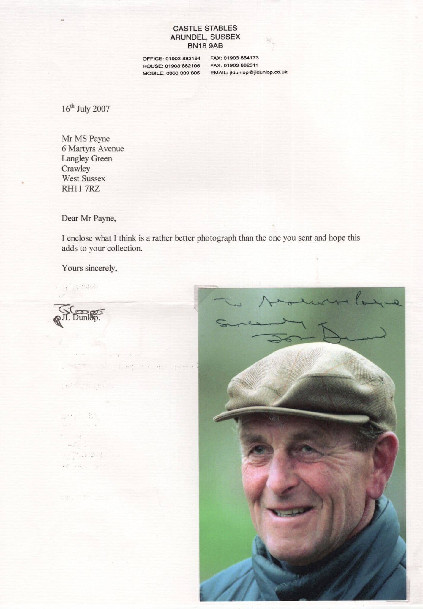 John Dunlop Horse Racing Trainer 2x Hand Signed Photo & Letter