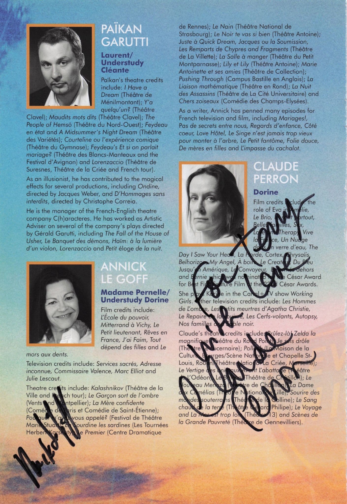 John Faulkner Zachary Fall Claude Perron SIX Hand Signed Theatre Page