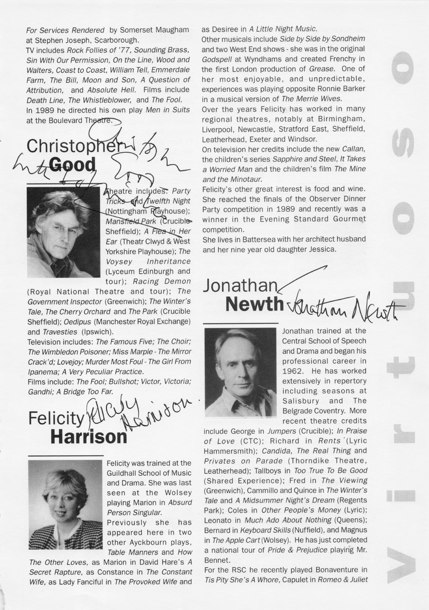 John Grillo Felicity Harrison Jonathan Newth Christopher Good Hand Signed Theatre Page