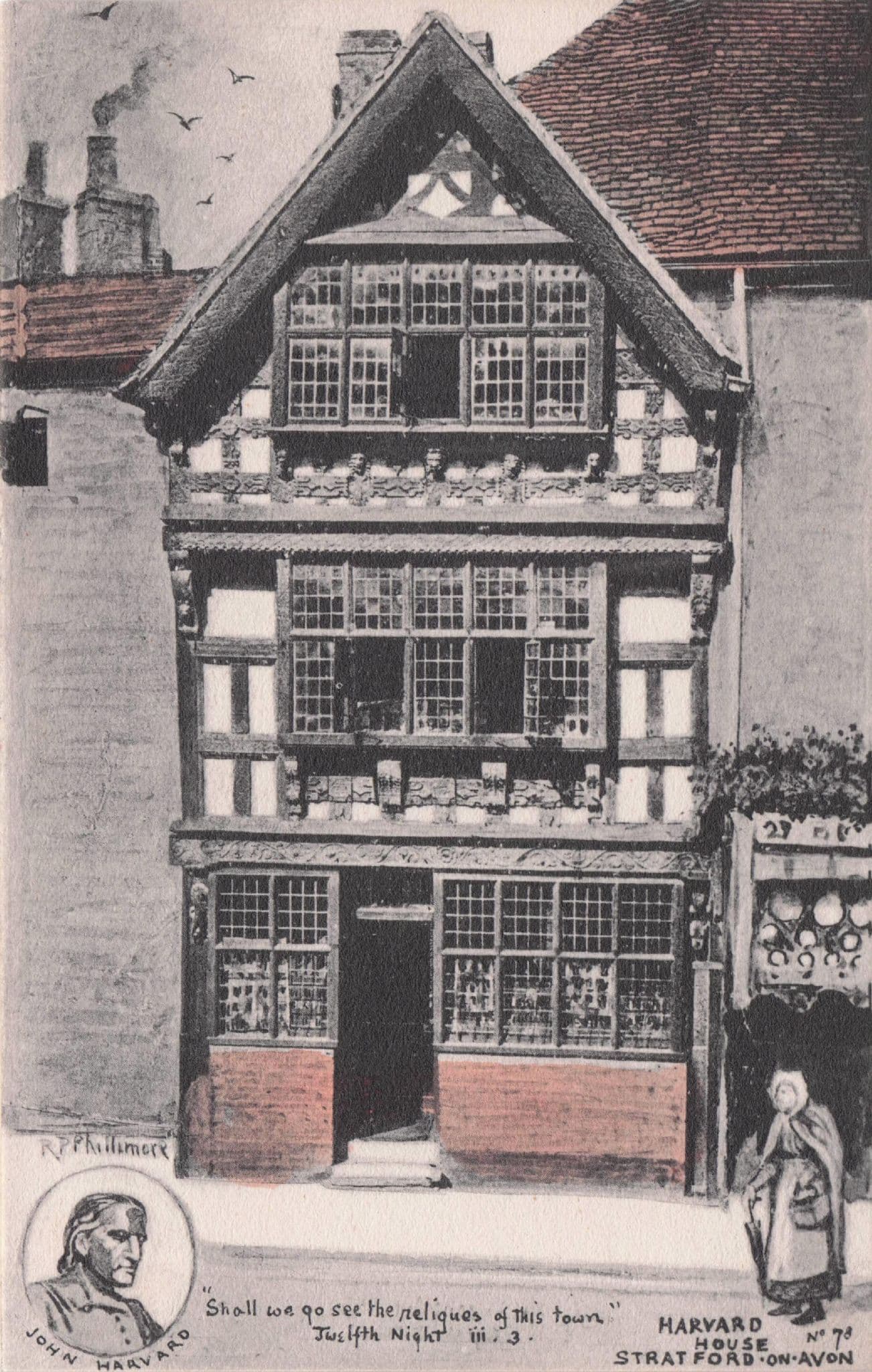 John Harvard House Portrait Stratford On Avon Phillimore Rare Postcard