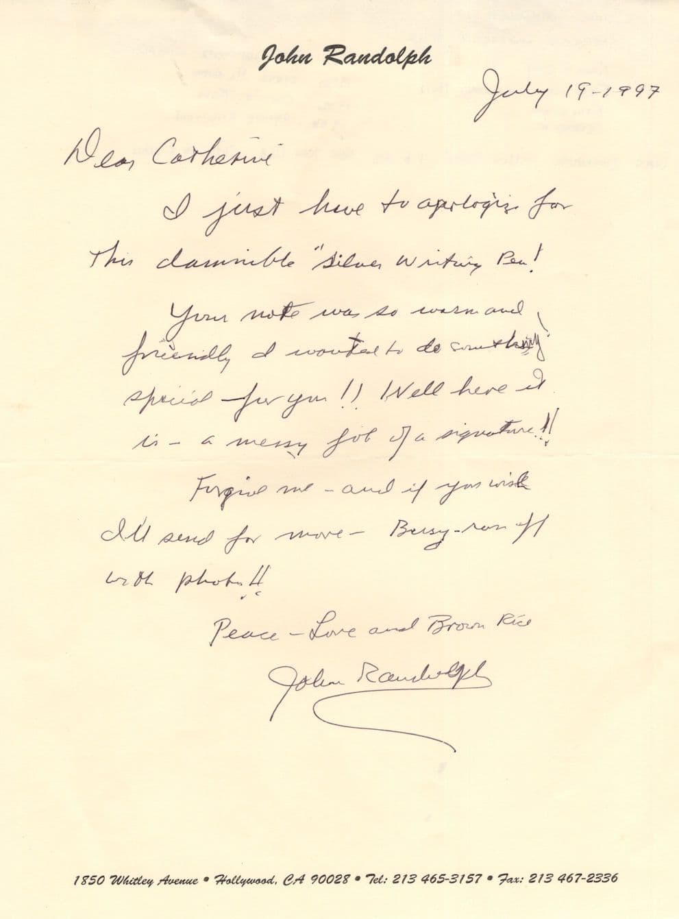 John Randolph King Kong Mash Hand Signed Headed Paper Letter