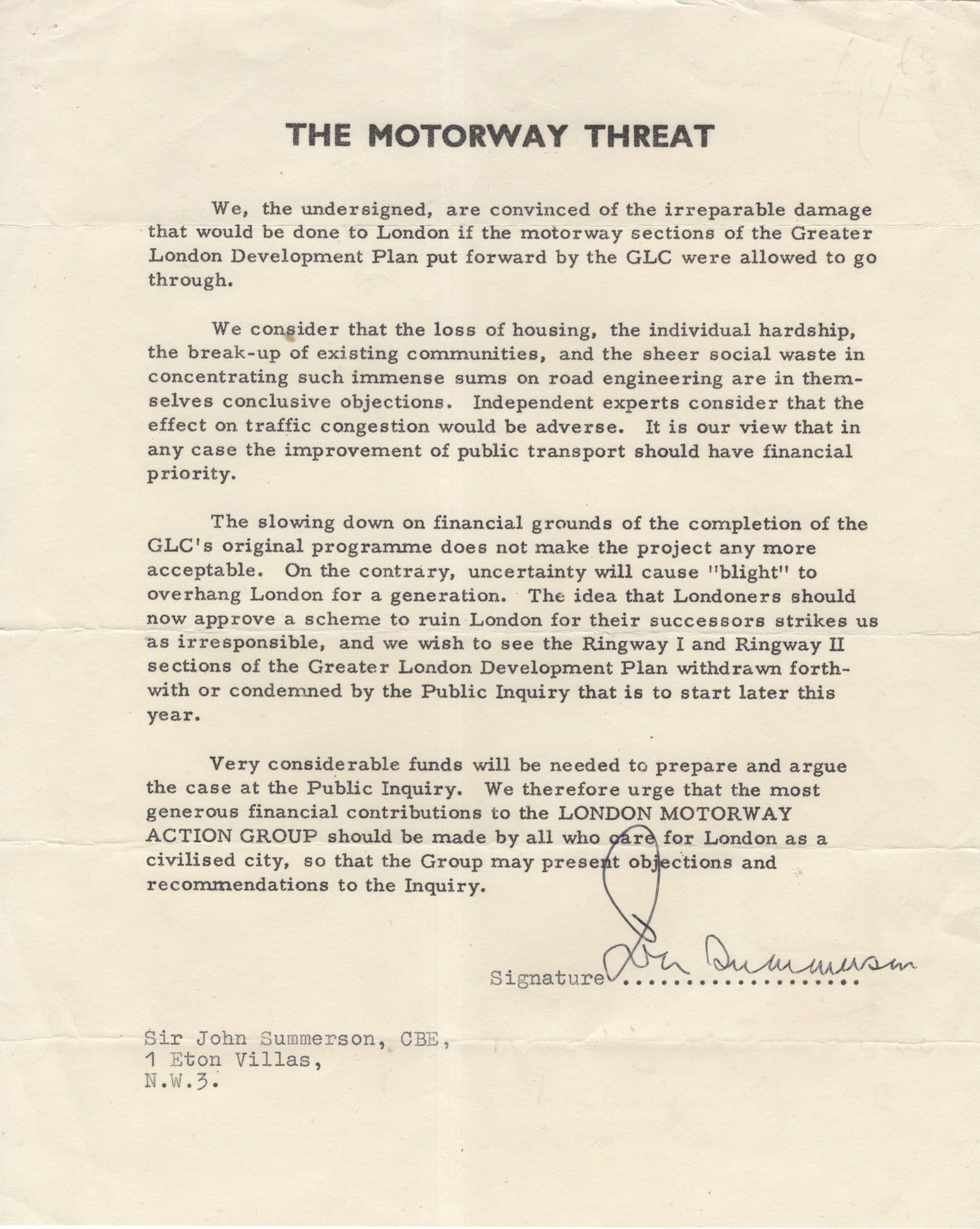 John Summerson Motorway Threat Architectural Historian Hand Signed Letter