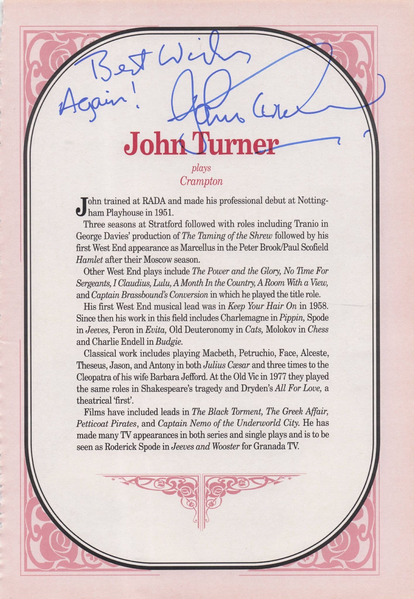 John Turner of Jeeves & Wooster Hand Signed Theatre Page