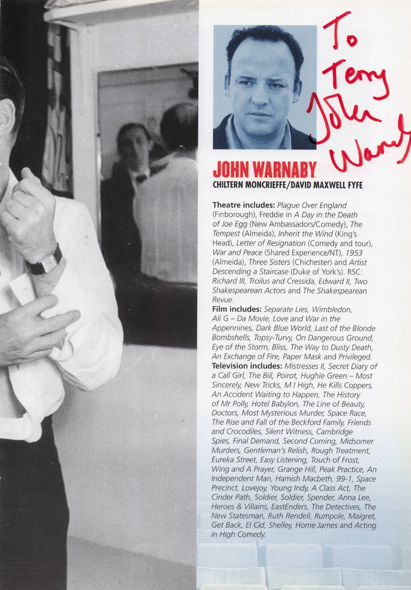 John Warnaby of Ali G The Movie Hand Signed Theatre Page