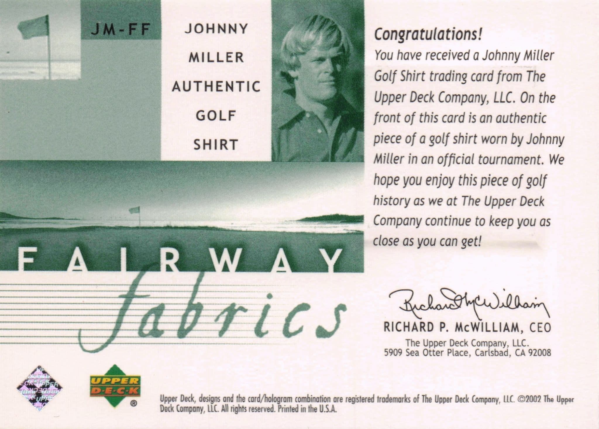 Johnny Miller Fairway Fabrics 2002 Golf Upper Deck Real Worn Shirt Relic Card