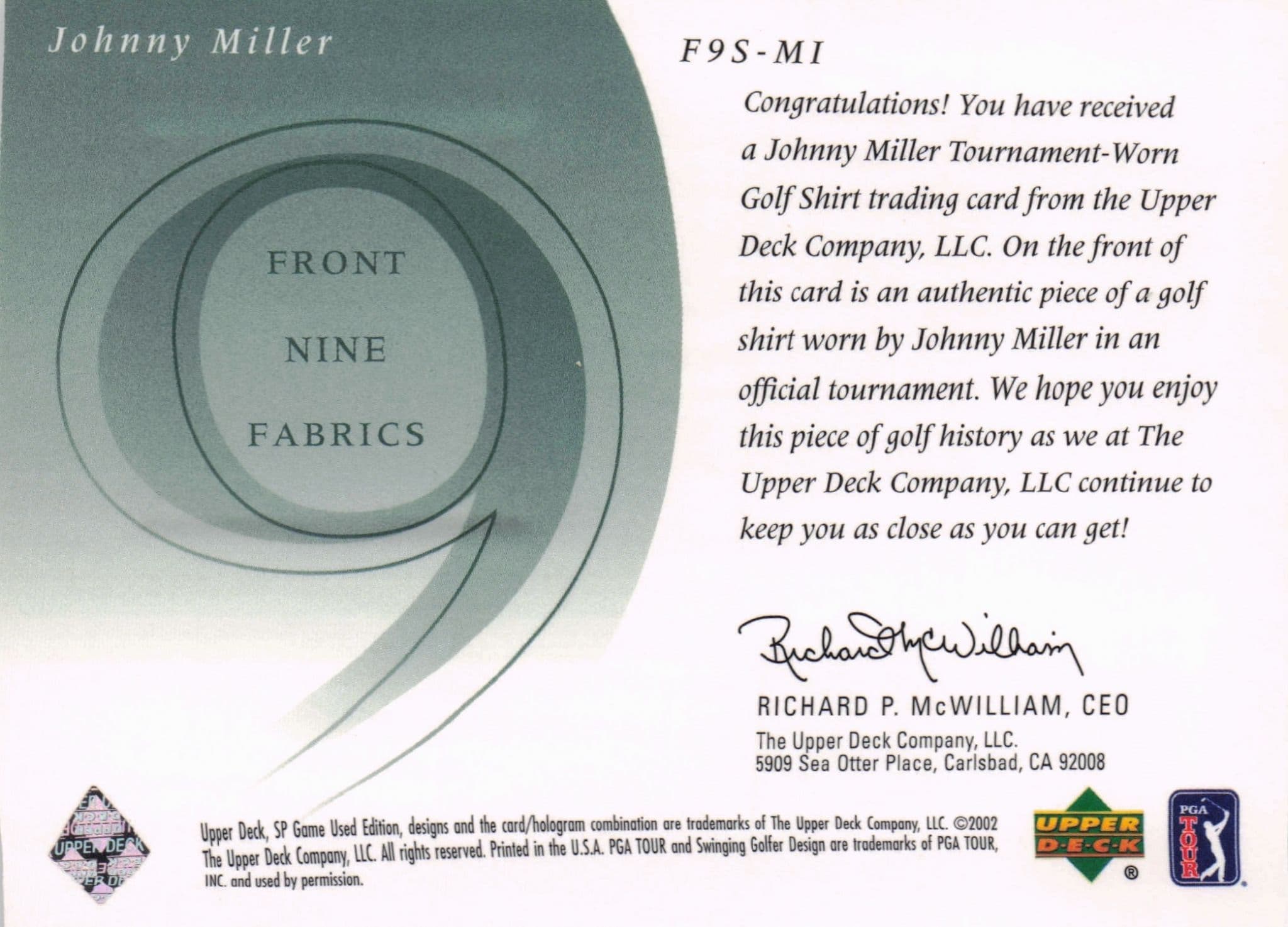 Johnny Miller Front 9 Fabric 2002 Upper Deck Authentic Shirt Card