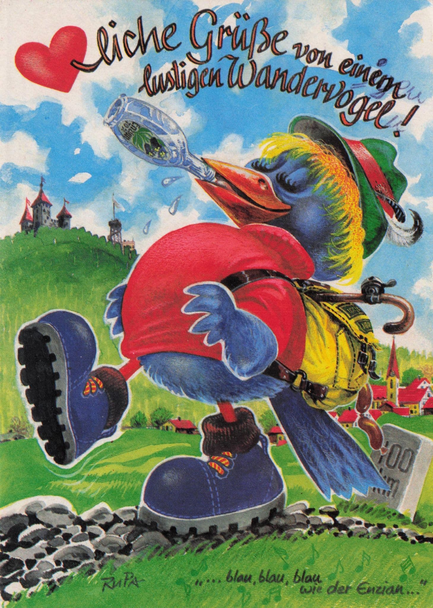 Jolly German Giant Bird Getting Drunk Comic Postcard