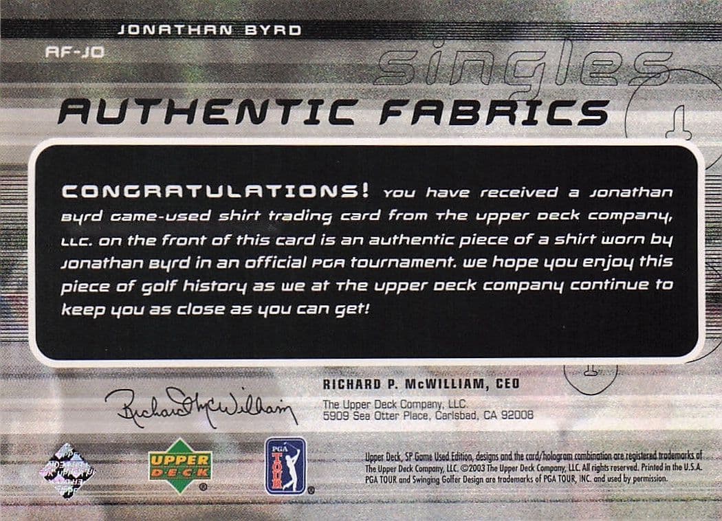 Jonathan Byrd Authentic Fabrics Singles 2003 Golf Worn Shirt Card