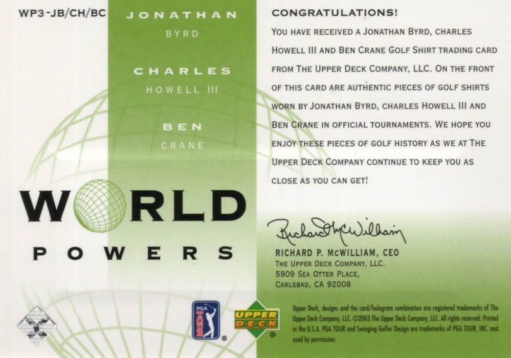 Jonathan Byrd Charles Howell III Ben Crane World Powers Triple Golf Shirt Card