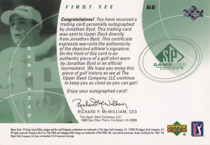Jonathan Byrd First Tee 2002 Golf Upper Deck Hand Signed Worn Shirt Card