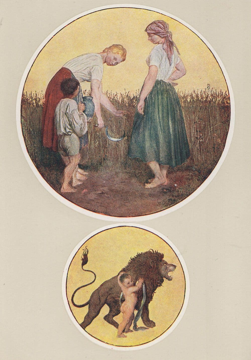 Josef Manes Ladies Farming Child Fighting Lion Czech Painting Postcard